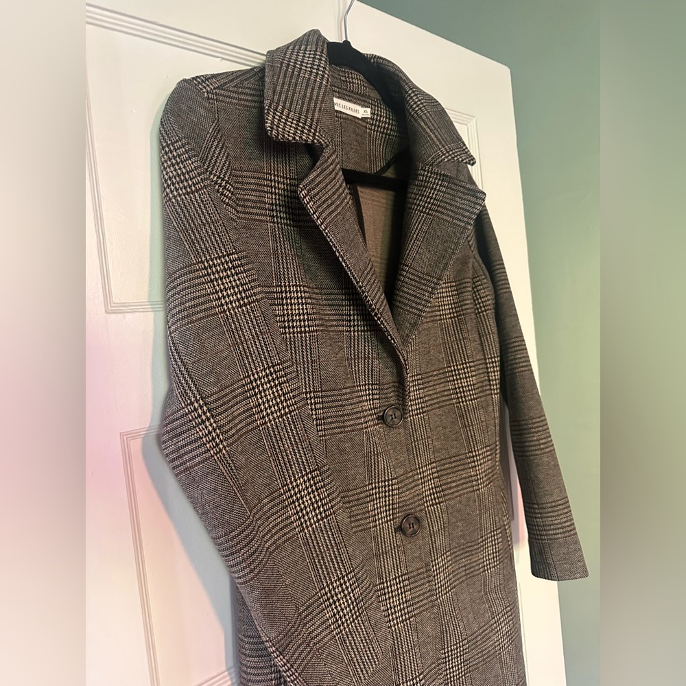 Glen Plaid Long Anthro Blazer - Grey/Cream/Black- XS- Boho Academia/Old World - Picture 11 of 11